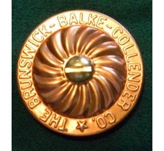 Oversized Copper Rail Bolt Cover with Brunswick Balke Collender logo