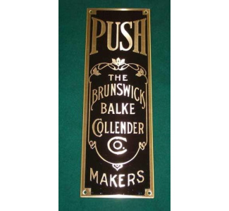 Solid Brass Copy of Brunswick Door Push Plate Circa 1890 - Black Background
